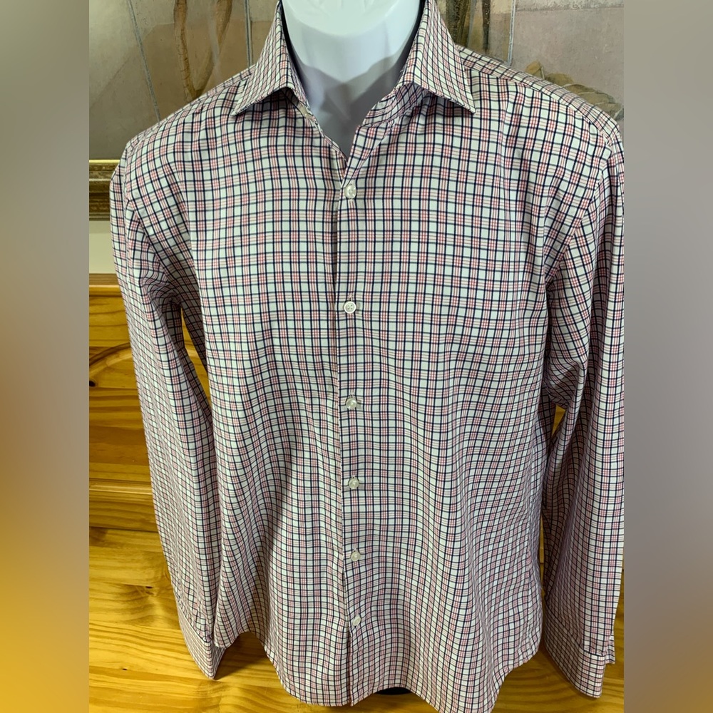 Hugo Boss Mens Shirt Medium Sz 39 Slim Fit Long Slv Red White Blue Check EUC